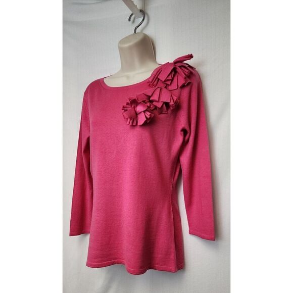 SAKS FIFTH AVENUE 3/4 Sleeve Cashmere Hot Pink Silk Comfy Sweater Size Medium - Picture 5 of 10